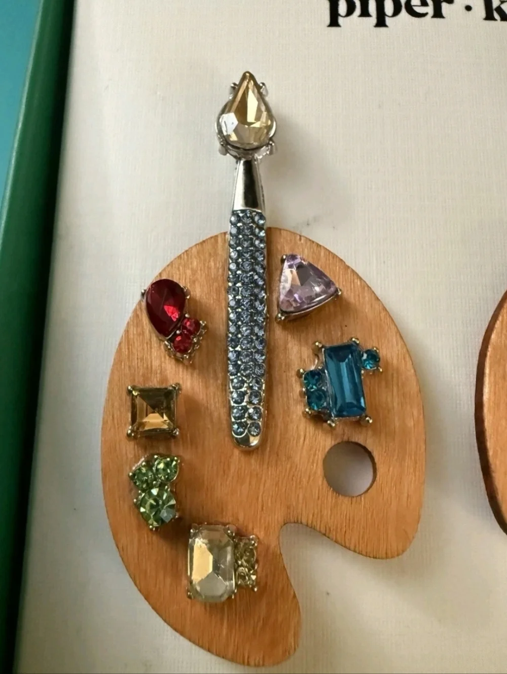 Piper k Wood Paint Palette Earrings with Glass Stones - Picture 2 of 3